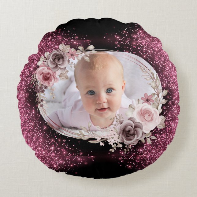 Cojín Redondo Floral Pink Gold Two Photo Baby Girl cute (Anverso)
