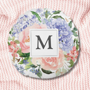 Cojín Redondo Floral Primaveral Rosa Azul Aquarela Monogramada