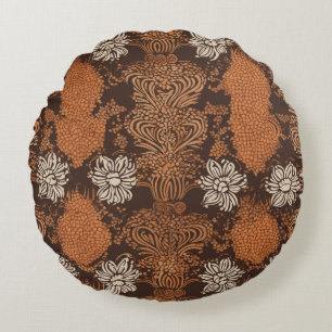 Cojín Redondo Floral Retro Damask Marrón y Naranja Quemada