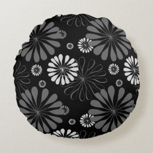 Cojín Redondo Floral Retro en Blanco y Negro