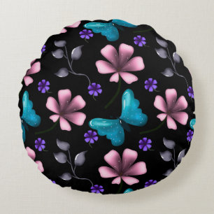 Cojín Redondo Floral Rosa Caprichosa y Mariposa Azul Sin Costura