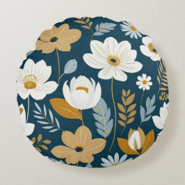 Cojín Redondo floral verde azulada, azul y dorada