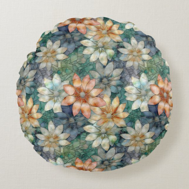 Cojín Redondo Floral Verde Blanco Azul Melocotón (Anverso)