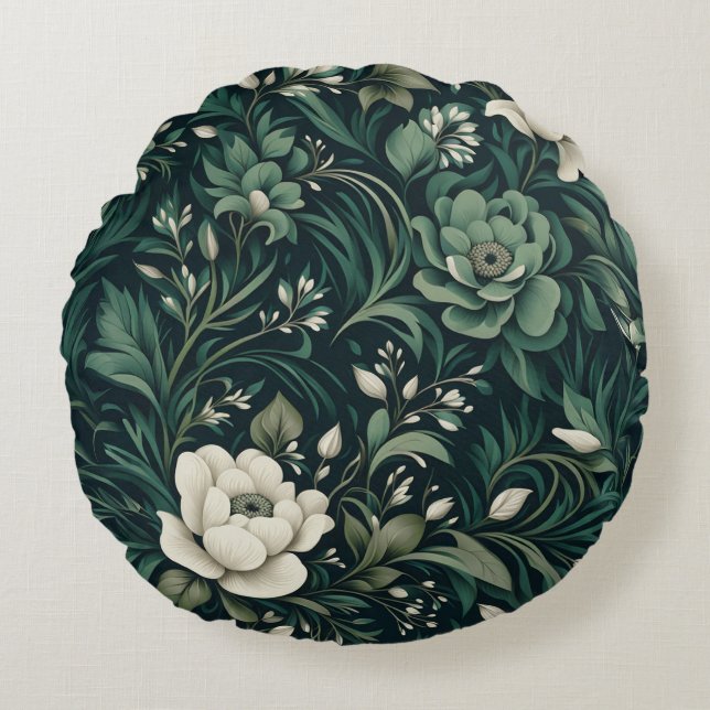 Cojín Redondo Floral Verde Esmeralda Oscuro (Anverso)