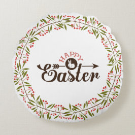 Cojín Redondo Floral Verde Y Rojo Con Conejito