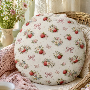 Cojín Redondo Floral vintage de fresa sin costuras cottagecore