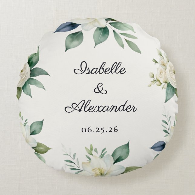Cojín Redondo Floral Wedding Keepsake Elegant Decor Personalized (Anverso)