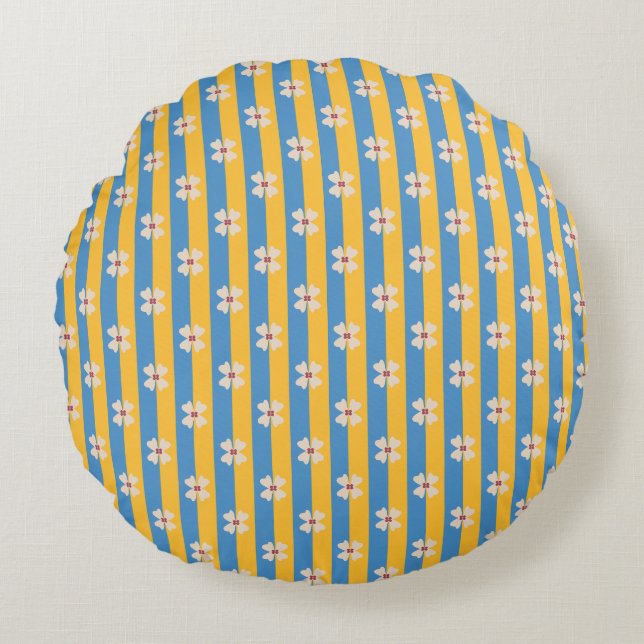 Cojín Redondo Floral Yellow and Aqua Striped Round Pillow (Anverso)