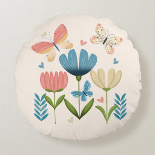 Cojín Redondo Florales en tonos azules y Naranjas