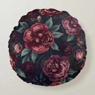 Cojín Redondo Florales Malhumorados Patrón Acuarela Rojo Oscuro