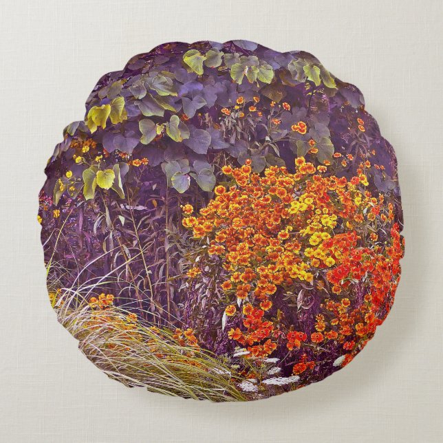 COJÍN REDONDO FLORALES/PLANTAS MIXTAS, GRASAS Y FLO NARANJA&AMAR (Anverso)