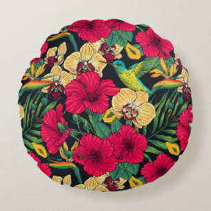 Cojín Redondo Florales Tropicales y Colibrí - Botanica de Verano