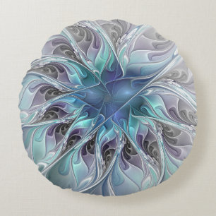 Cojín Redondo Florecer Abstracto Moderno Floral Fractal Con Azul