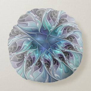 Cojín Redondo Florecer abstracto moderno fractal flor con azul