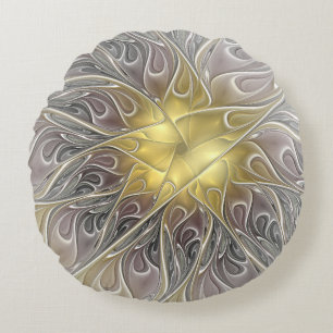 Cojín Redondo Florecer con flor fractal abstracta moderna de oro