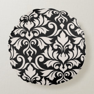 Cojín Redondo Florecer Damask Arte I Crema sobre Negro