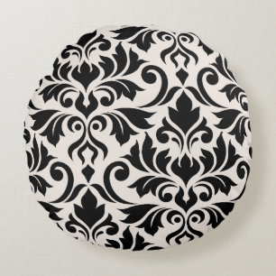 Cojín Redondo Florecer Damask arte I negro en crema