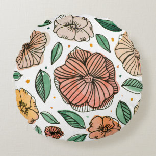Cojín Redondo Flores acuáticas y de tinta - paleta vintage