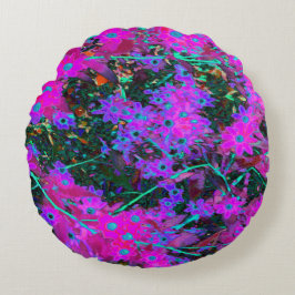 Cojín Redondo Flores azul de bonito, magenta y Aqua
