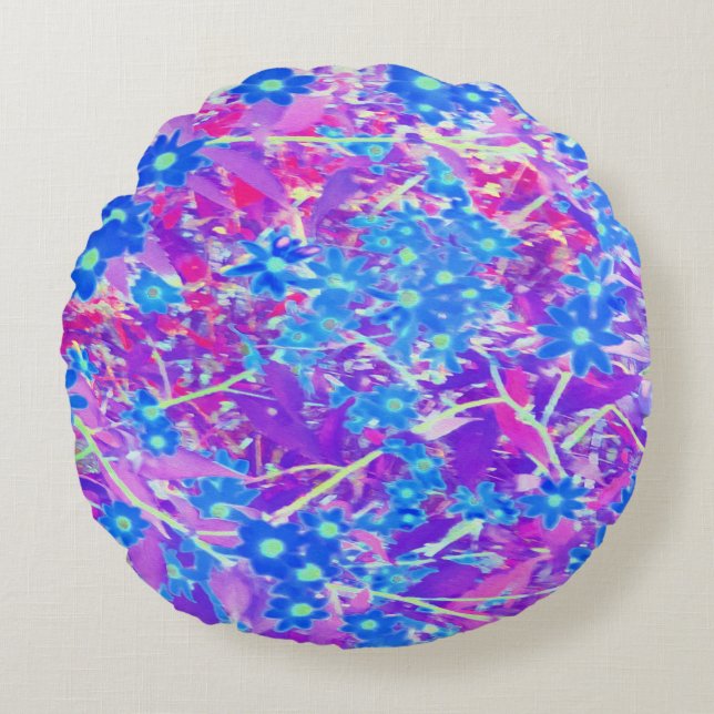 Cojín Redondo Flores azul violeta y verde anime bonito (Anverso)