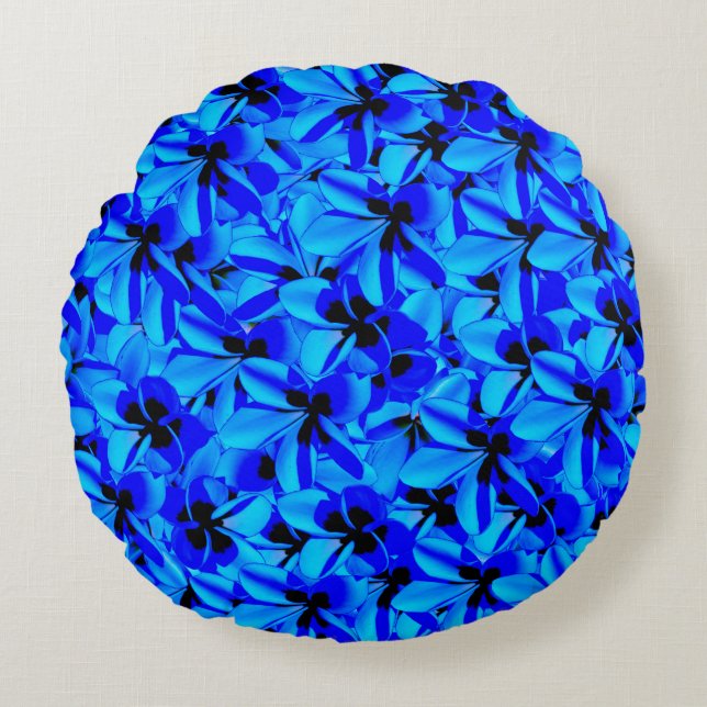 Cojín Redondo Flores azules de Frangipani, (Anverso)
