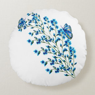 Cojín Redondo Flores azules delgadas con mariposa
