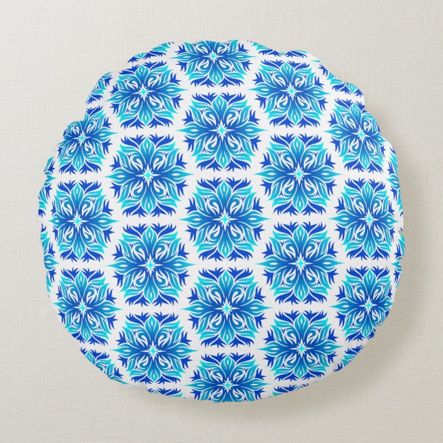 Cojín Redondo Flores Azules, Patrón De Flores, Patrón Floral (Anverso)