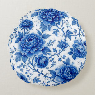 Cojín Redondo Flores Azules Rosas Peonías Blancas Cobalto Azul