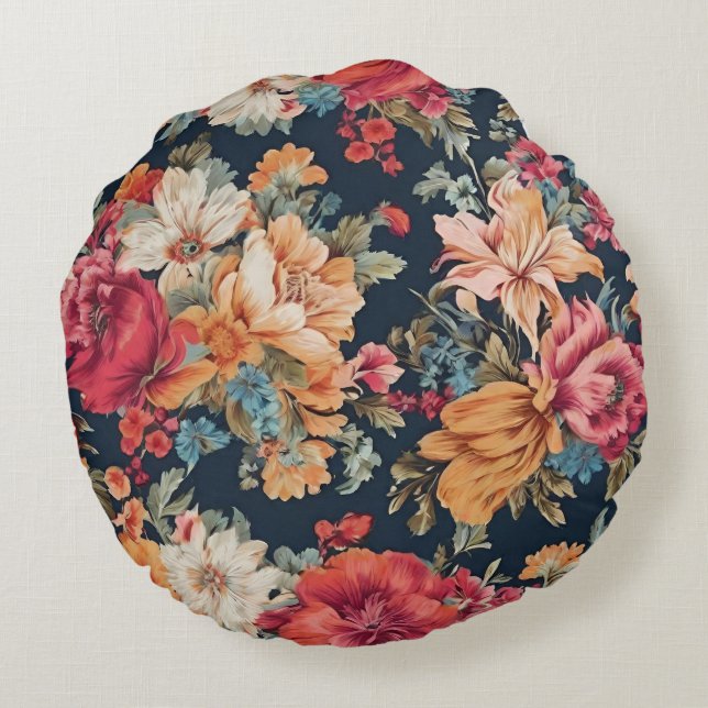 Cojín Redondo Flores azules rosas rojas increíbles (Reverso)