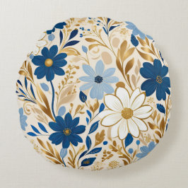 Cojín Redondo Flores azules y blancas con hojas de oro