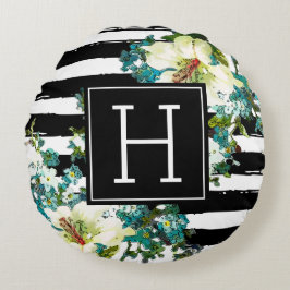 Cojín Redondo Flores azules y blancas elegantes con monograma