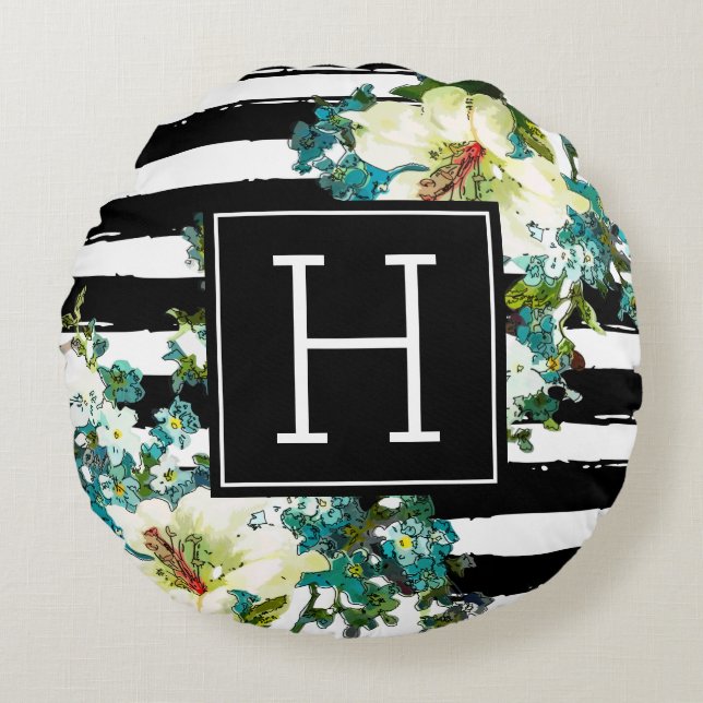 Cojín Redondo Flores azules y blancas elegantes con monograma (Anverso)