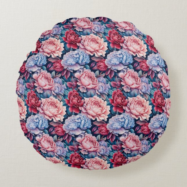 Cojín Redondo Flores azules y rosas (Anverso)
