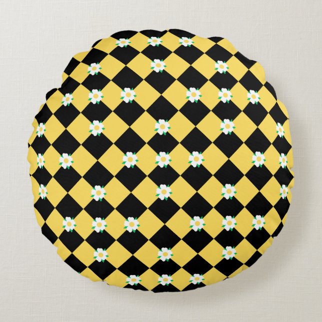 Cojín Redondo Flores blancas amarillas negras (Anverso)