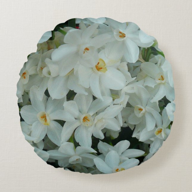 Cojín Redondo Flores blancas de arcissus paperblancas (Anverso)