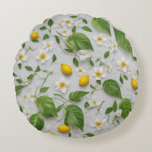 Cojín Redondo Flores blancas Lemons Green Leaves Pattern on Whit