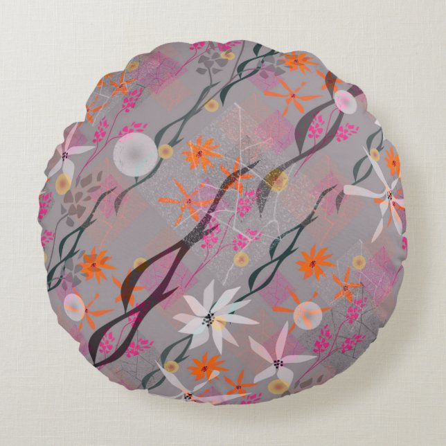 Cojín Redondo Flores blancas, rosas, naranjas en gris (Anverso)