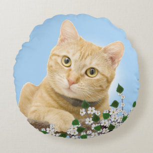 Cojín Redondo Flores blancas y gato atigrado ginger en azul clar