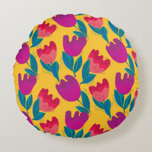 Cojín Redondo Flores Brillantes De Tulipanes: Elegante Sin Marea