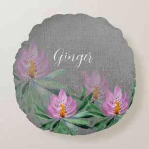 Cojín Redondo Flores Brotan Arte Acuarela Violeta Monogramado