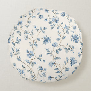 Cojín Redondo Flores crema azules bonitas