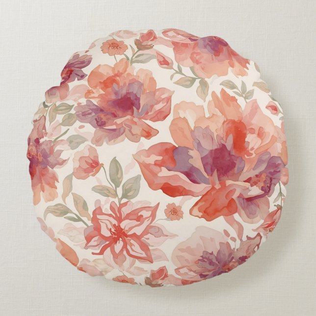 Cojín Redondo Flores de acuarela pastel naranja claro (Anverso)
