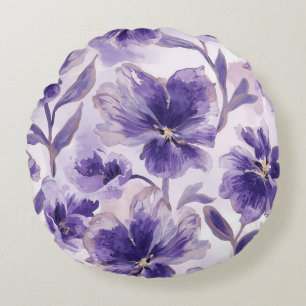 Cojín Redondo Flores de Acuarela Violeta Pintadas