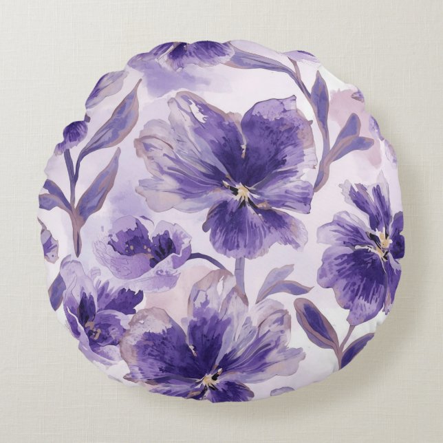 Cojín Redondo Flores de Acuarela Violeta Pintadas (Anverso)