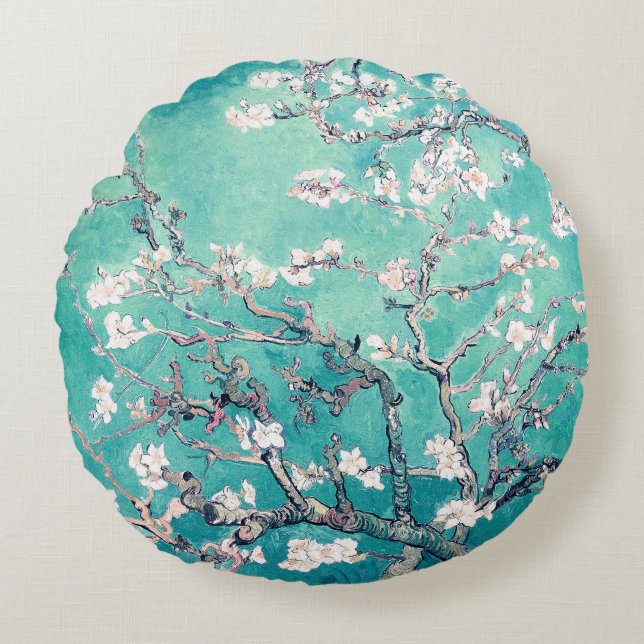 Cojín Redondo Flores de almendro de Van Gogh Turquesa (Anverso)