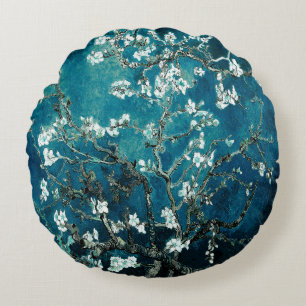 Cojín Redondo Flores de Almendro de Van Gogh Verde Azul Oscuro