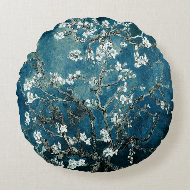 Cojín Redondo Flores de Almendro de Van Gogh Verde Azul Oscuro (Anverso)