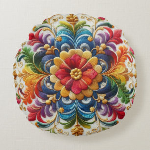 Cojín Redondo Flores de arcoiris bordado con aspecto floral