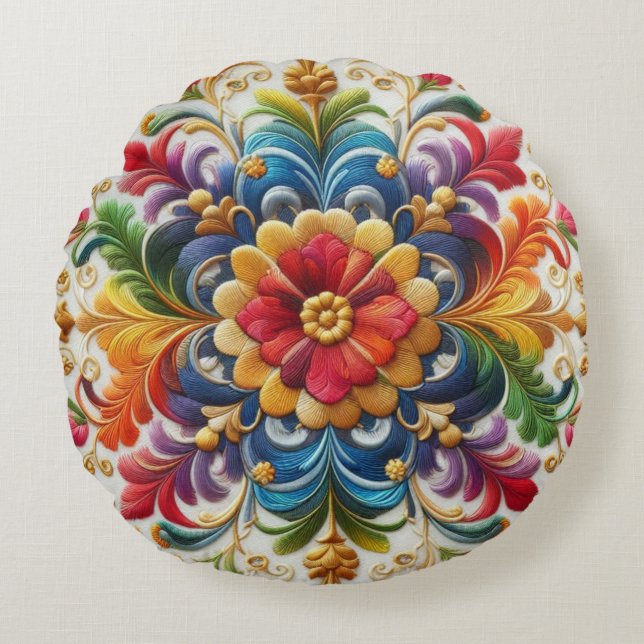 Cojín Redondo Flores de arcoiris bordado con aspecto floral (Anverso)