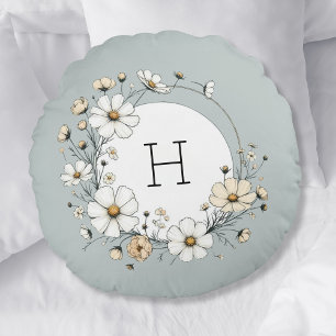 Cojín Redondo Flores de Boho en monograma verde sabio personaliz